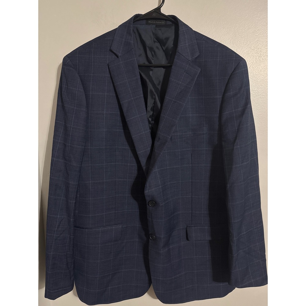 Calvin Klein Mens Navy Blue Windowpane Plaid Wool Blend 2 Piece Suit 48R